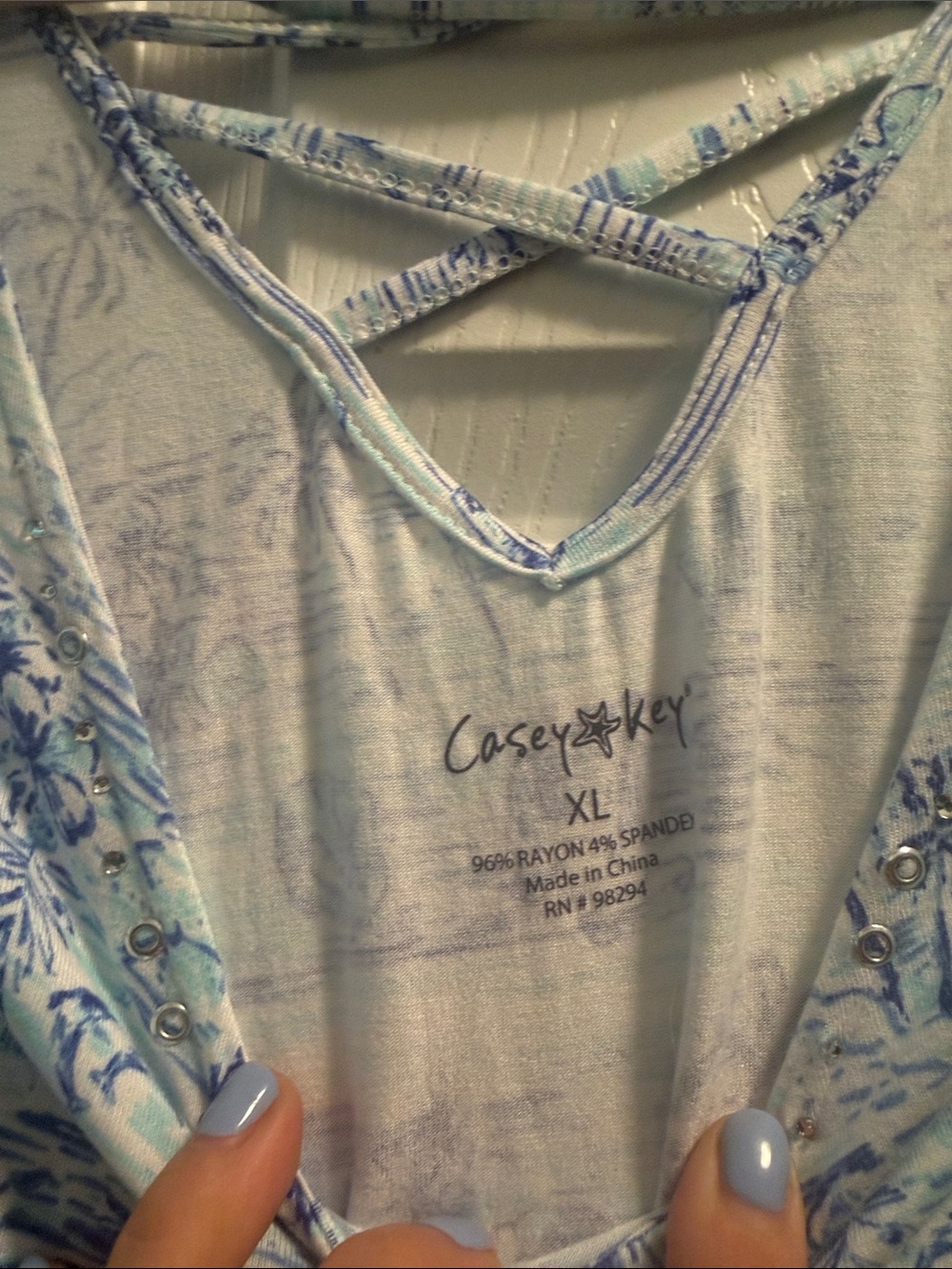 Women’s Light Blue Tropical Print Tank Top with Crisscross Back - Picture 2 of 4